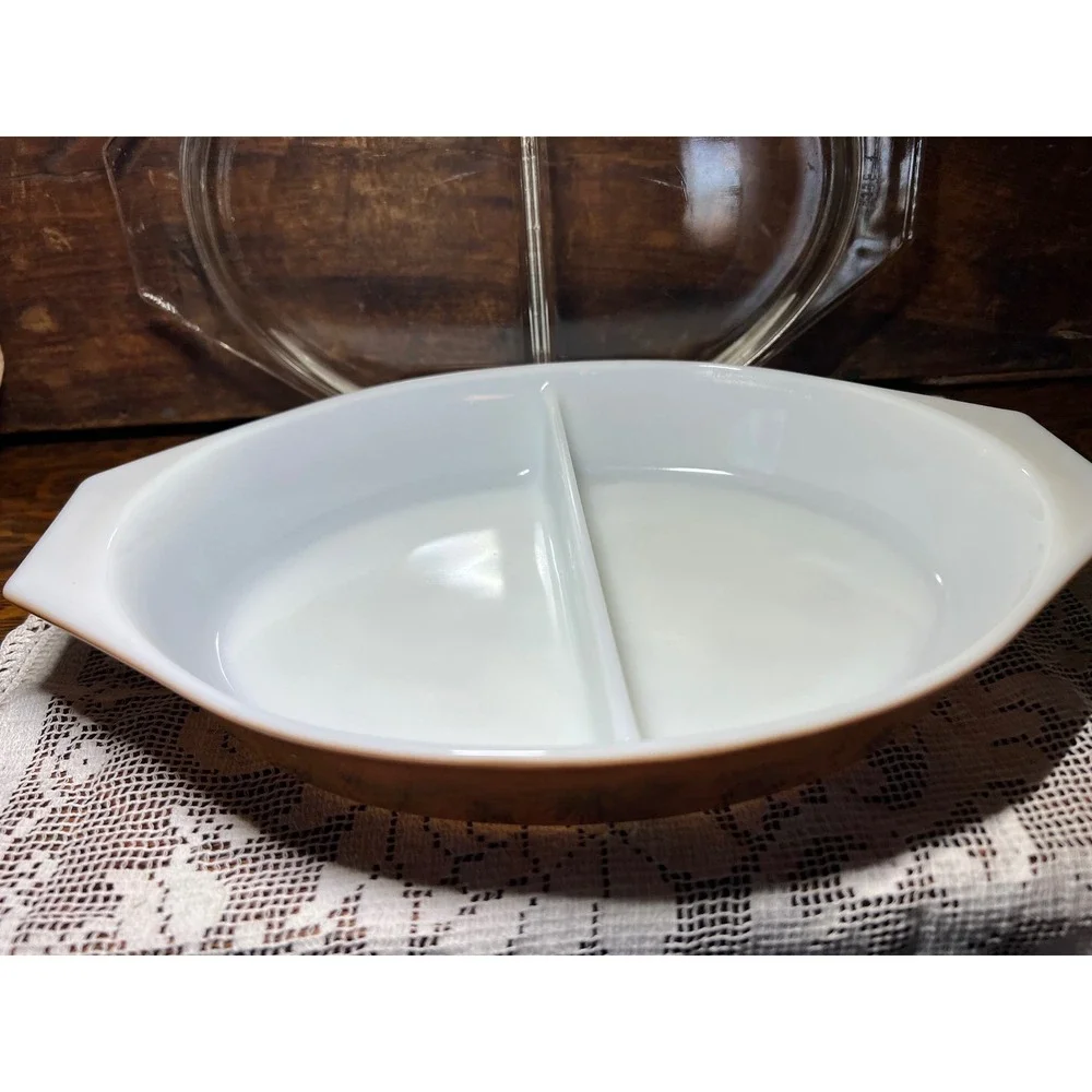 Vintage Pyrex Early American Divided Casserole Dish 1.5 Qt Brown Gold‎ 063 Lid